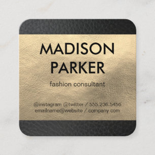 Faux Gold Leather / Black Leather Trim Square Business Card