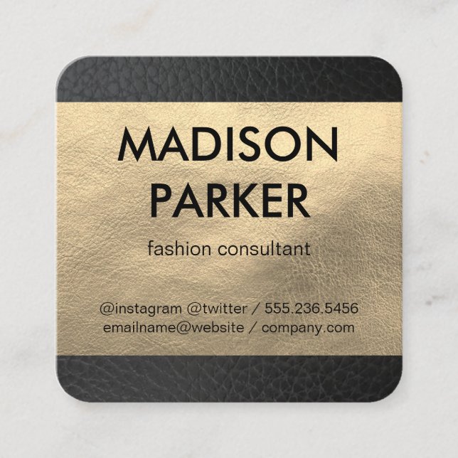 Faux Gold Leather / Black Leather Trim Square Business Card (Front)