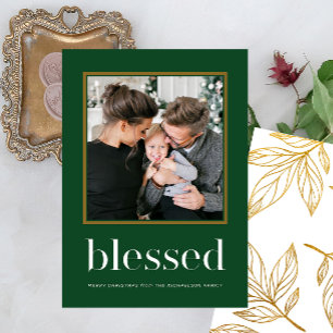 Faux Gold Leaves Blessed with Photo Green Holiday Invitation