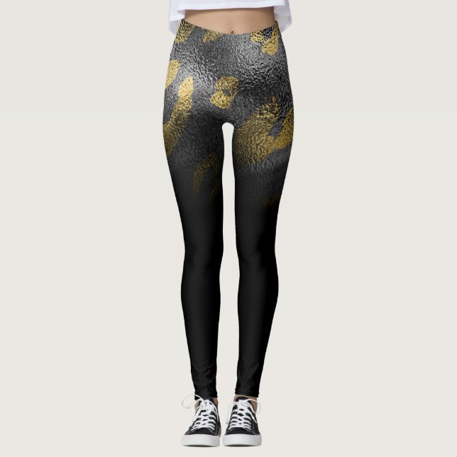 Faux Gold Leopard Cheetah Print Shiny Black Chic Leggings (Front)