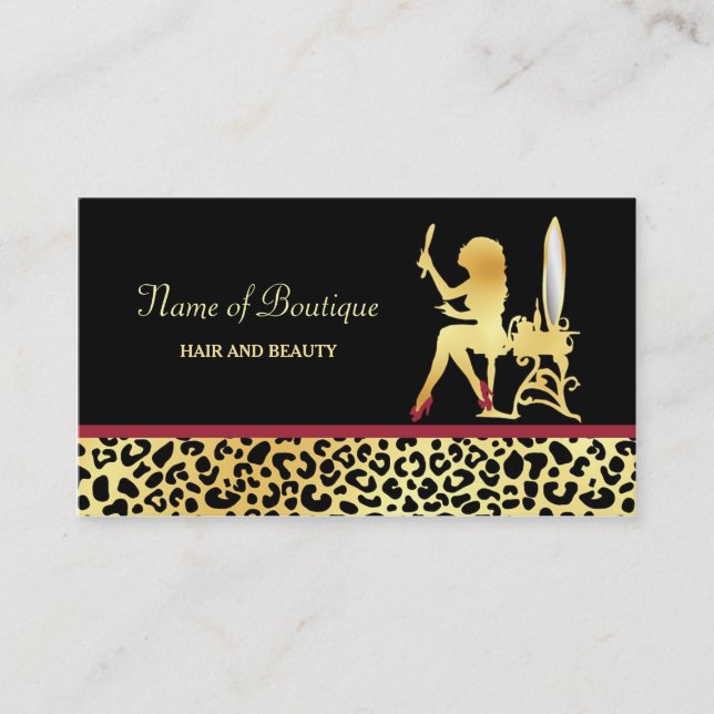 FAUX Gold Leopard Print Woman Hair Boutique Business Card (Front)