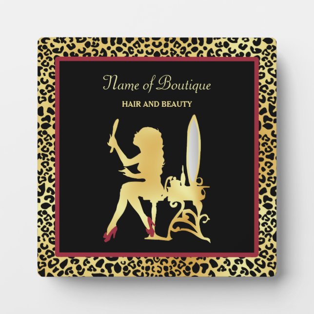 FAUX Gold Leopard Print Woman Hair Boutique Sign Plaque (Front)