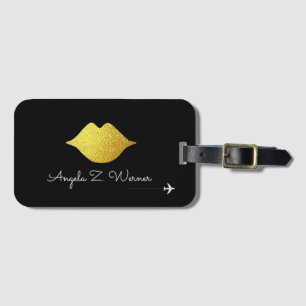 faux gold lips with her name / woman mouth / black luggage tag