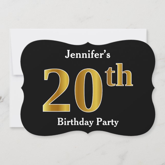Faux Gold Look 20th Birthday Party + Custom Name Invitation (Front)