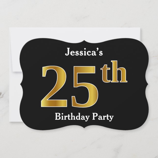 Faux Gold Look 25th Birthday Party + Custom Name Invitation (Front)