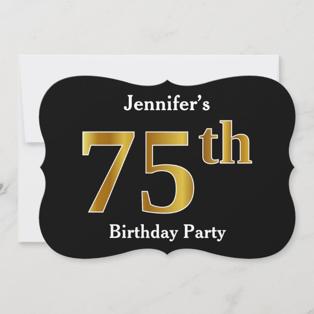 Faux Gold Look 75th Birthday Party + Custom Name Invitation (Front)