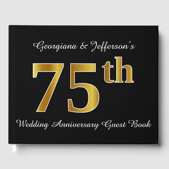 Faux Gold Look 75th Wedding Anniversary + Names Guest Book (Front)