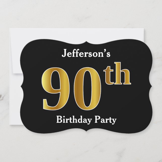 Faux Gold Look 90th Birthday Party + Custom Name Invitation (Front)