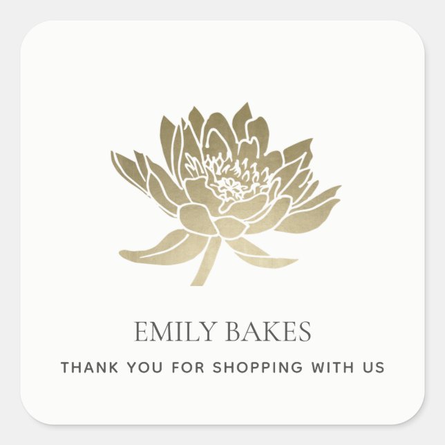 FAUX GOLD LOTUS FLORAL BUSINESS SHOPPING THANK YOU SQUARE STICKER (Front)
