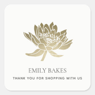 FAUX GOLD LOTUS FLORAL BUSINESS SHOPPING THANK YOU SQUARE STICKER