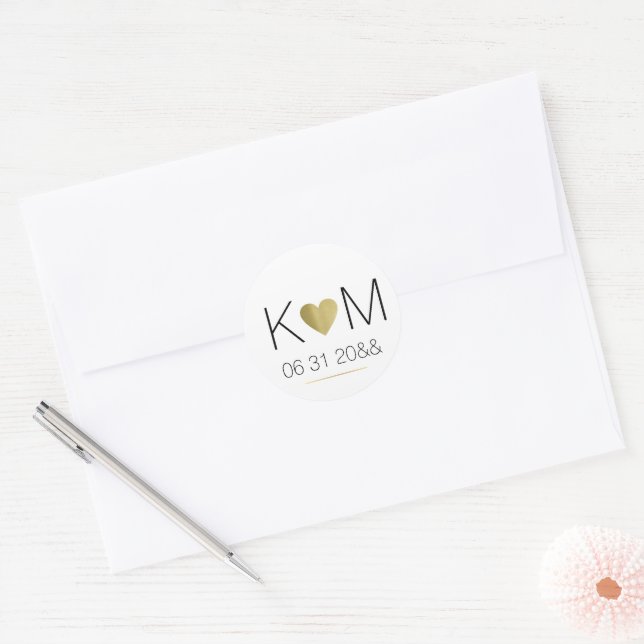 faux Gold Love Heart with Couple Initials on white Classic Round Sticker (Envelope)
