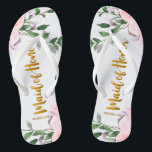 Faux Gold Maid of Honour with Floral and Name Flip Flops<br><div class="desc">Lovely pink and purple watercolor floral and greenery wedding design,  with faux gold maid of honour typography script and name.</div>