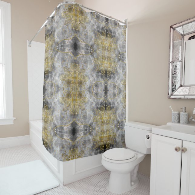 Faux Gold Mandala & Smoky Grey Design Shower Curtain (In Situ)