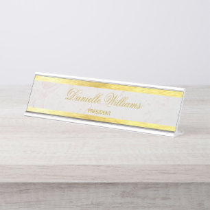 Faux Gold Marble Elegant Calligraphy Golden White Desk Name Plate