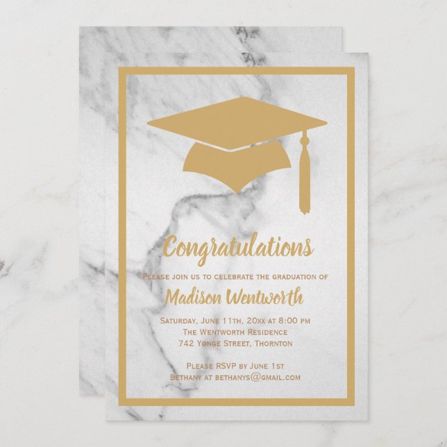 Faux Gold & Marble Graduation Invitation (Front/Back)