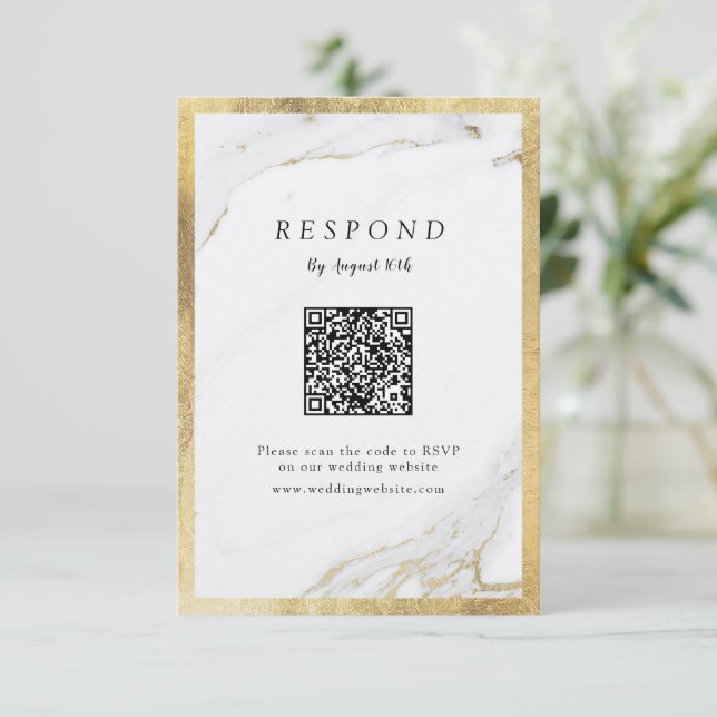 Faux gold marble luxury modern wedding QR code RSVP Card (Standing Front)