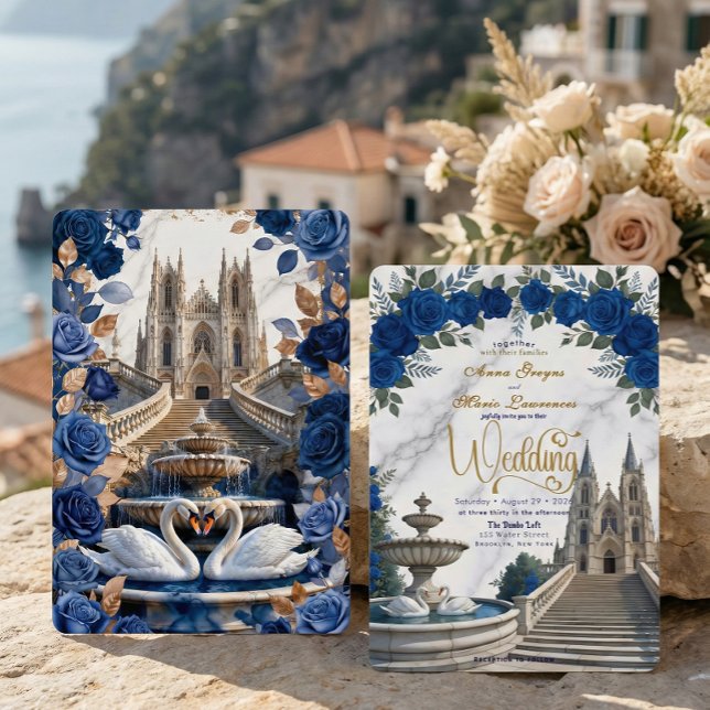 Faux Gold Marble & Royal Blue Rose Cathedral Invitation (Creator Uploaded)
