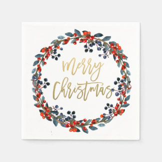 Faux Gold Merry Christmas Berries Holiday Party Napkin