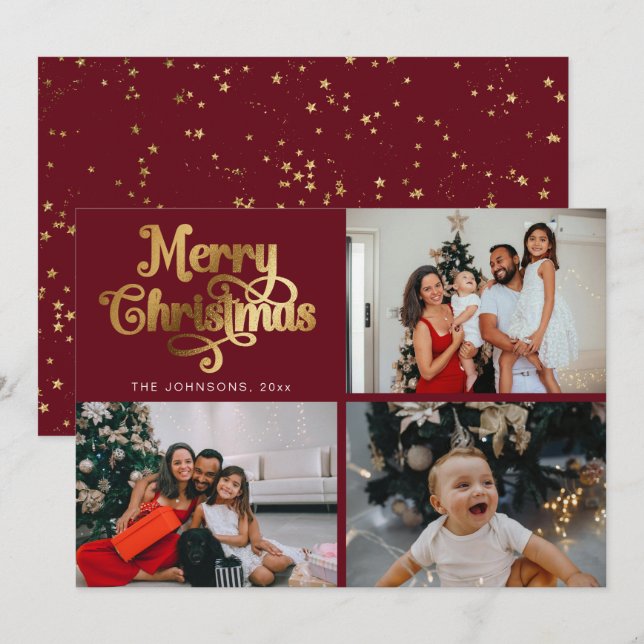 Faux Gold Merry Christmas Family Photo Collage Holiday Card (Front/Back)