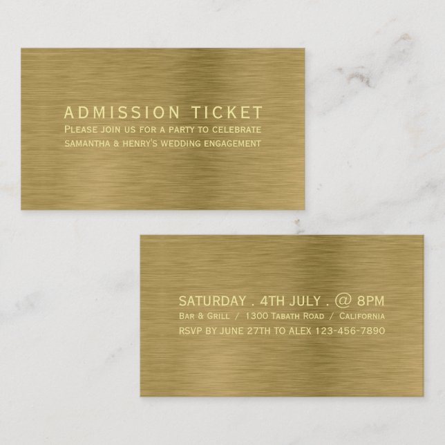 Faux Gold Metal Texture Admission Ticket Card  (Front/Back)