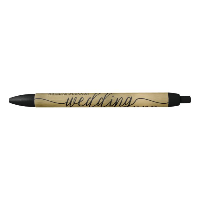 Faux Gold Metal Texture Effect Wedding Favour Black Ink Pen (Front)