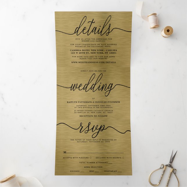 Faux Gold Metal Texture Wedding Suite Tri-Fold Invitation (Inside)