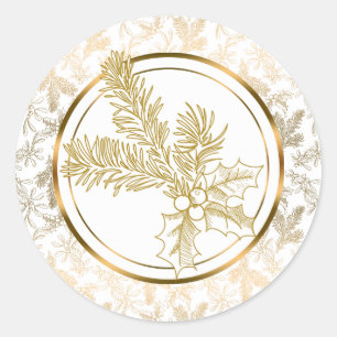 Faux Gold Metallic Mistletoe and Holly Classic Round Sticker