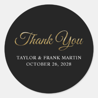 Faux Gold Metallic Wedding Thank You Black Classic Round Sticker