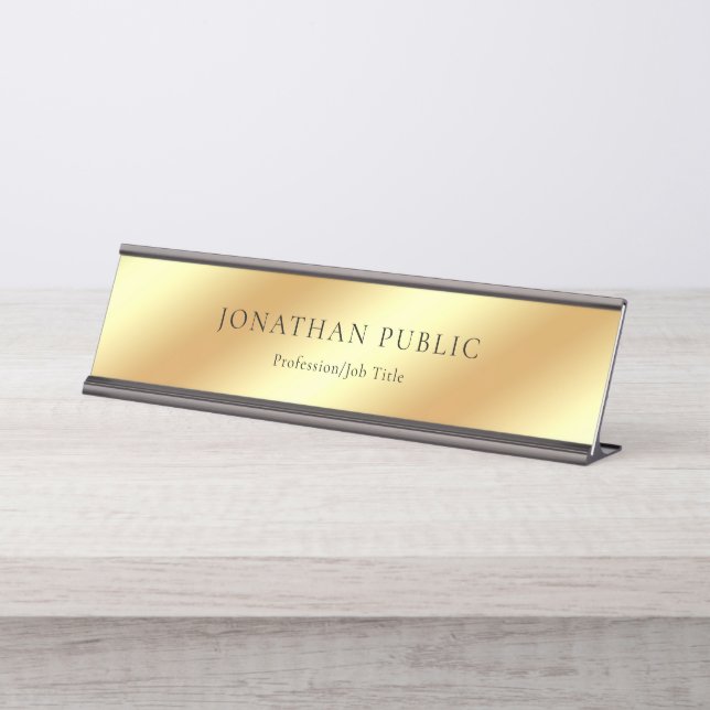 Faux Gold Modern Elegant Glamourous Template Luxur Desk Name Plate (Front)