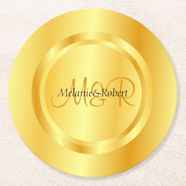Faux Gold Modern Monogram Elegant Custom Template Round Paper Coaster (Front)