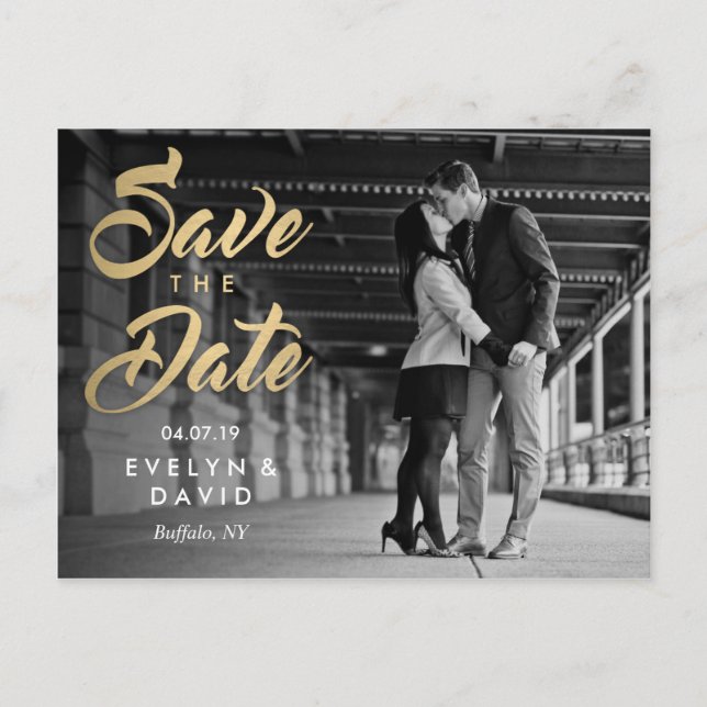Faux Gold Modern Save the Date Postcards (Front)