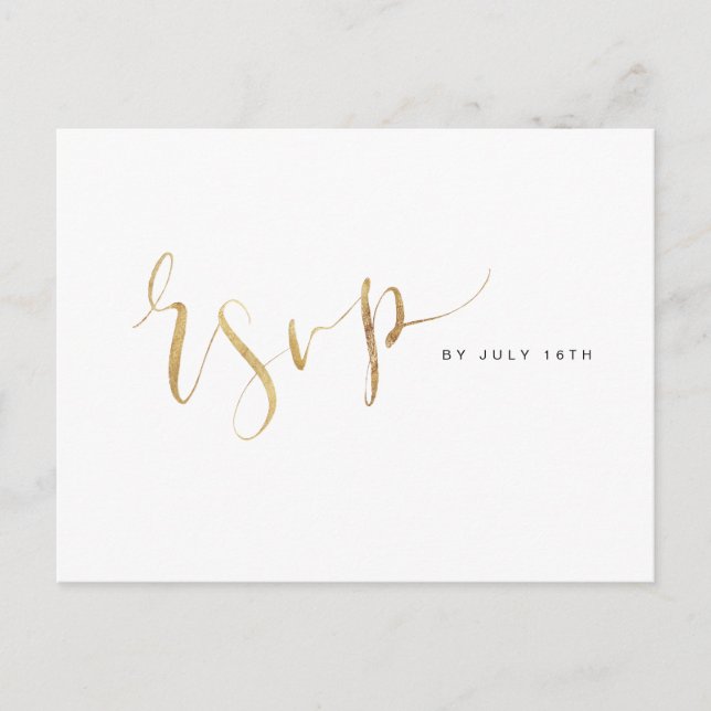 Faux Gold Modern Simple Script wedding RSVP Invitation Postcard (Front)