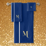 Faux Gold Monogram Navy Blue White Racing Stripes Bath Towel Set<br><div class="desc">Create your own custom, personalised, cool, classy, stylish, classic, navy blue and white racing stripes design, modern elegant faux gold typography / script monogram, trendy, machine washable, bath towel set that includes 30" x 60" bath towel, 16" x 28" hand towel and 13" x 13" washcloth. To customise, simply type...</div>
