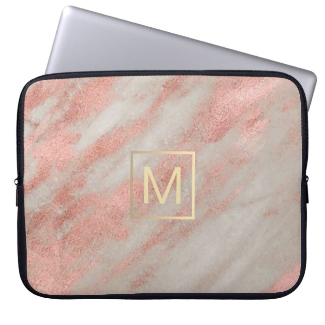 faux gold monogram on rose gold marble laptop sleeve (Front)