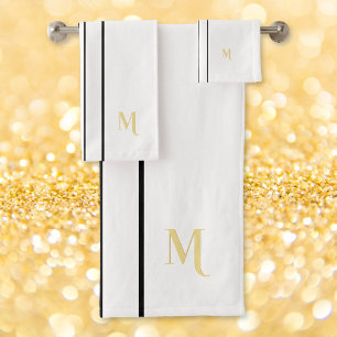 Faux Gold Monogrammed Black Racing Stripes White Bath Towel Set