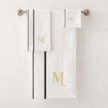 Faux Gold Monogrammed Black Racing Stripes White Bath Towel Set<br><div class="desc">Create your own custom, personalised, cool, classy, stylish, classic, black racing stripes design, modern, minimalist, elegant faux gold calligraphy typography script font monogrammed initial on white colour background, trendy, machine washable, bath towel set that includes 30" x 60" bath towel, 16" x 28" hand towel and 13" x 13" washcloth....</div>