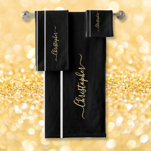 Faux Gold Monogrammed Black White Racing Stripes Bath Towel Set