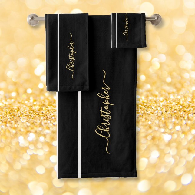 Faux Gold Monogrammed Black White Racing Stripes Bath Towel Set (Faux Gold Monogrammed Black White Racing Stripes Bath Towel Set)
