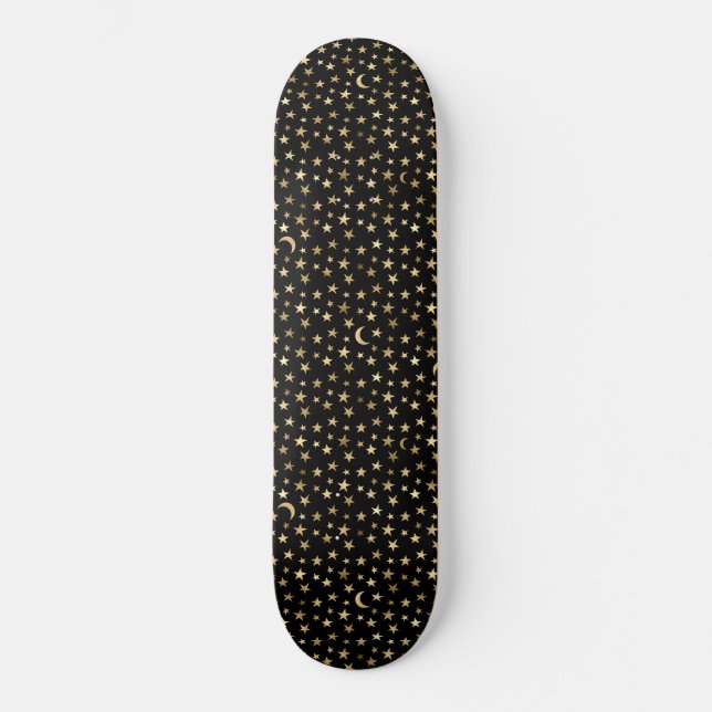 Faux Gold Moon and Stars on Black Skateboard (Front)