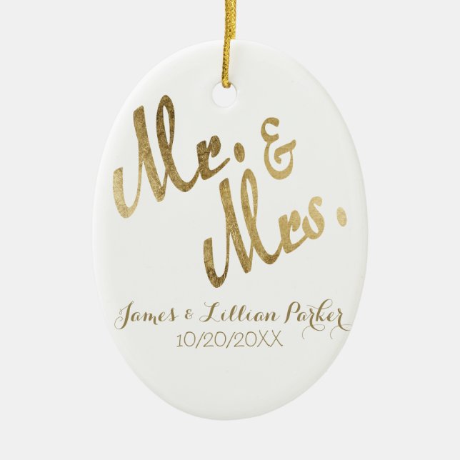Faux Gold Mr. and Mrs. Monogram Wedding Ceramic Tree Decoration (Front)