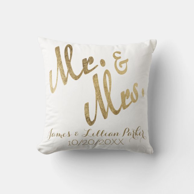 Faux Gold Mr. and Mrs. Monogram Wedding Cushion (Front)