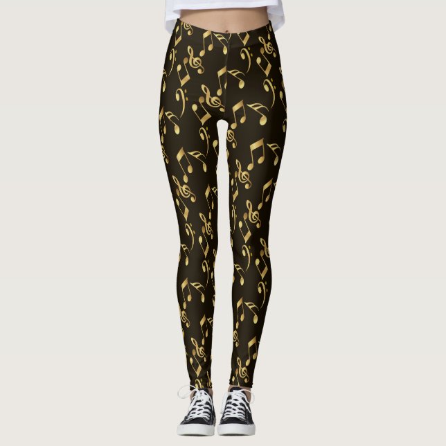 Faux gold music notes on brown black  leggings (Front)