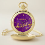 Faux gold music notes purple name numbers pocket watch<br><div class="desc">Simple and elegant for a music lover or musician! Chic girly and feminine Purple coloured background with faux gold music notes. Template for your name,  golden letters.  Golden clock numbers.</div>