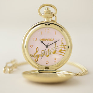 Faux gold music notes rose gold name numbers pocket watch
