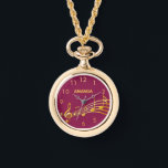 Faux gold music notes violet red name numbers watch<br><div class="desc">Simple and elegant for a music lover or musician! Chic violet red,  burgundy coloured background with faux gold music notes. Template for your name,  golden letters.  Golden clock numbers.</div>