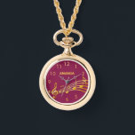 Faux gold music notes violet red name numbers watch<br><div class="desc">Simple and elegant for a music lover or musician! Chic violet red,  burgundy coloured background with faux gold music notes. Template for your name,  golden letters.  Golden clock numbers.</div>