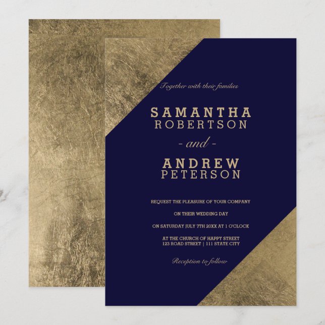 Faux gold navy blue elegant wedding colour block invitation (Front/Back)