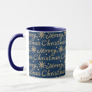 Faux Gold & Navy Blue Merry Christmas Lettering Mug