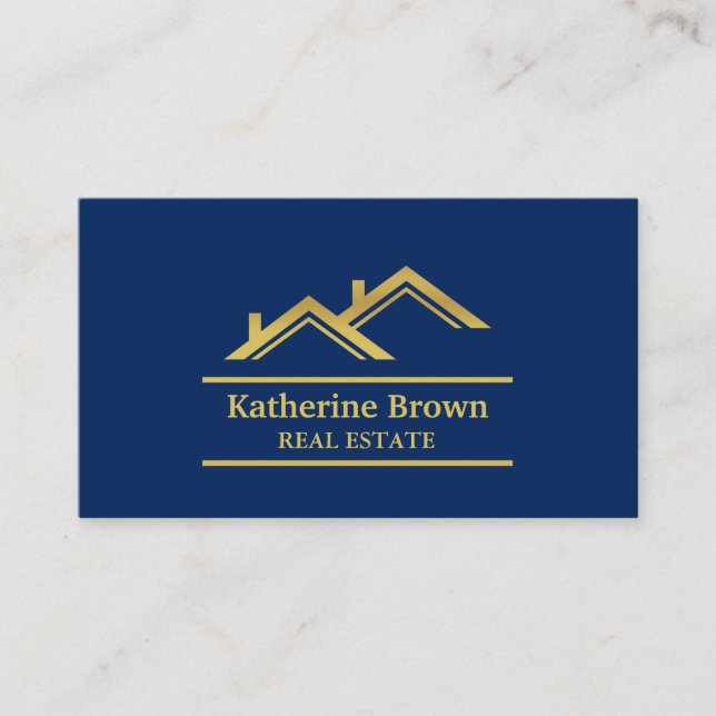 Faux Gold Navy Blue Modern Real Estate Realtor Business Card (Front)