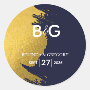 Faux Gold Navy Blue Monogram Wedding Classic Round Sticker